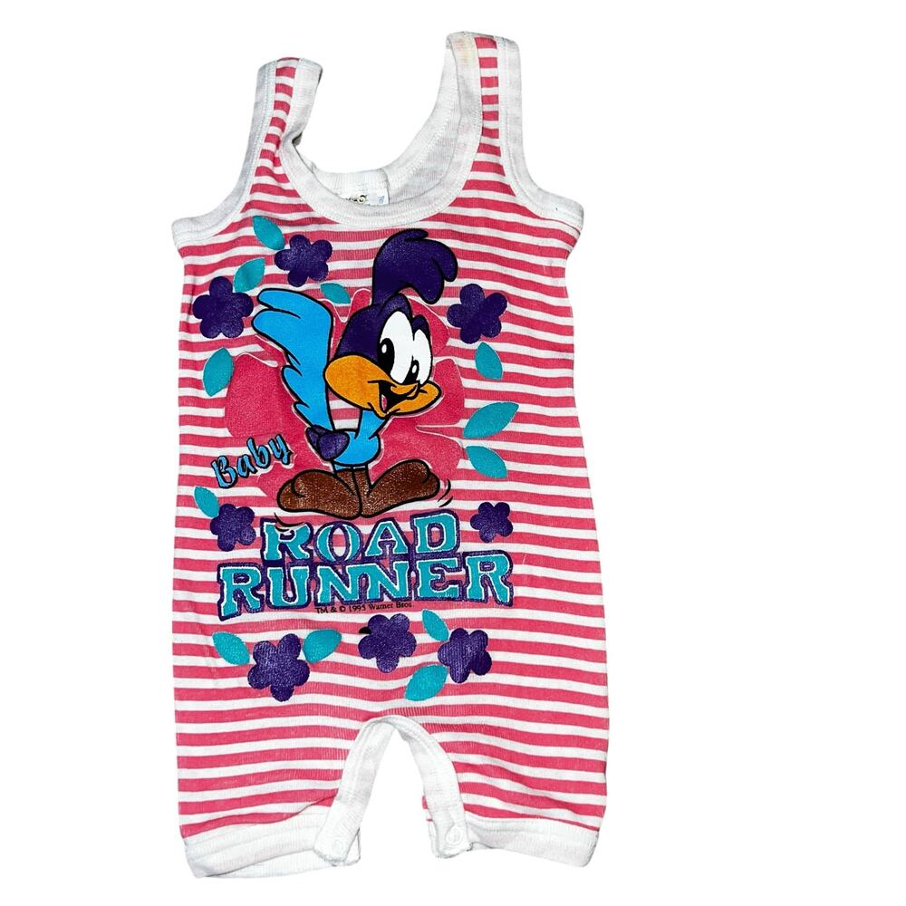 Vintage Looney Tunes Baby Road Runner 1995 Pink striped Romper infant rare
